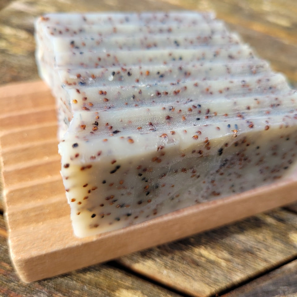Hemu Wood Soap Dish with strawberry seed scrub soap, groove design