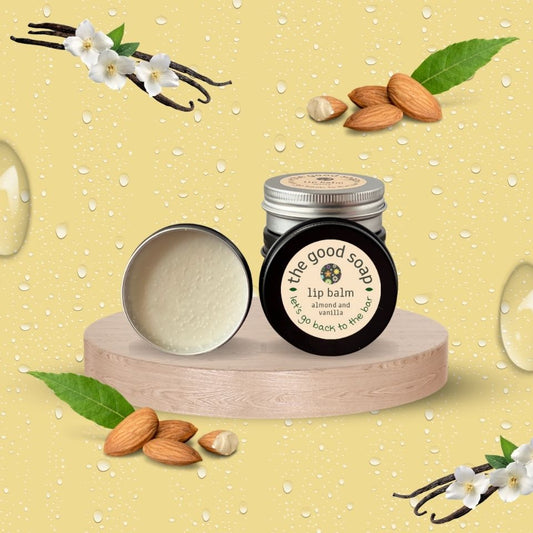 Natural lip balm with almond oil and vanilla in recyclabe screwtop tin