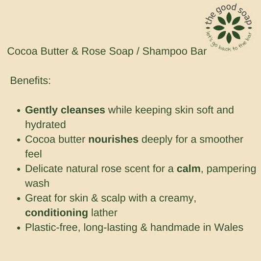 Product description card for a soap or shampoo bar with benefits listed on a beige background.