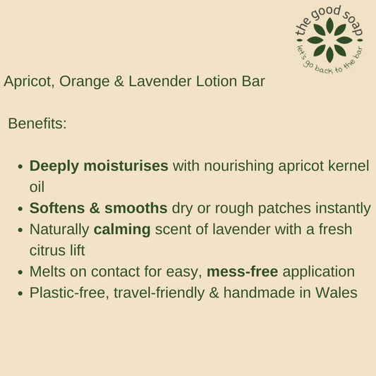 Product description card for Apricot, Orange & Lavender Lotion Bar with 'The Good Soap' branding.