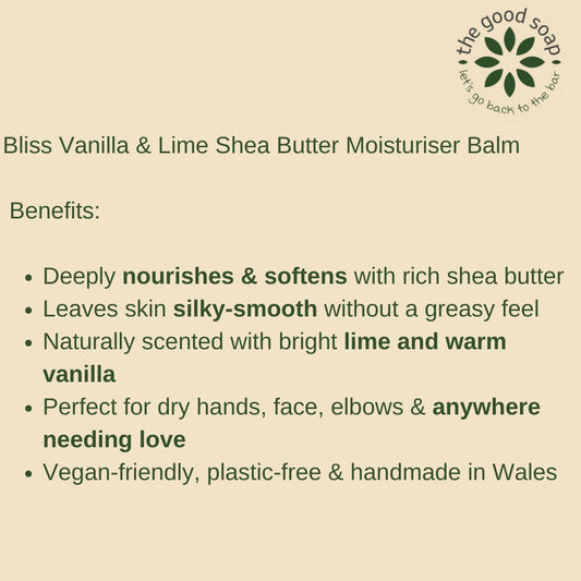 Product description card for Bliss Vanilla & Lime Shea Butter Moisturiser Balm with benefits listed.