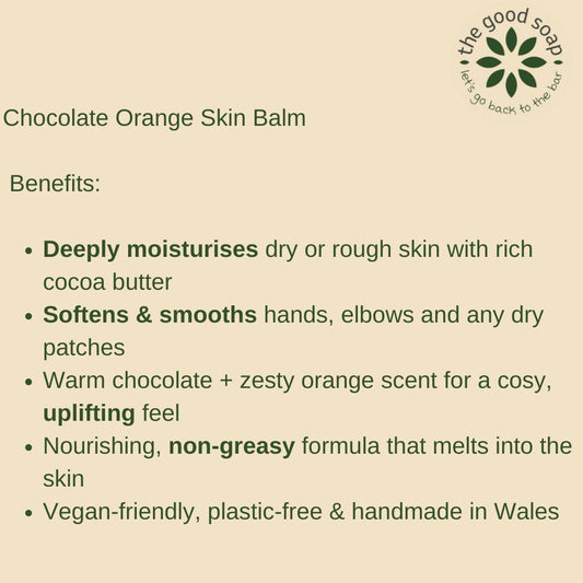 Product description card for Chocolate Orange Skin Balm with benefits listed on a beige background.