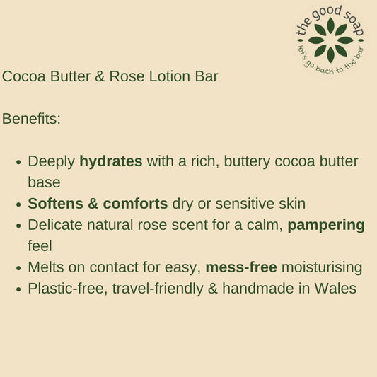 Cocoa Butter & Rose Lotion Bar description with 'The Good Soap' logo on a beige background