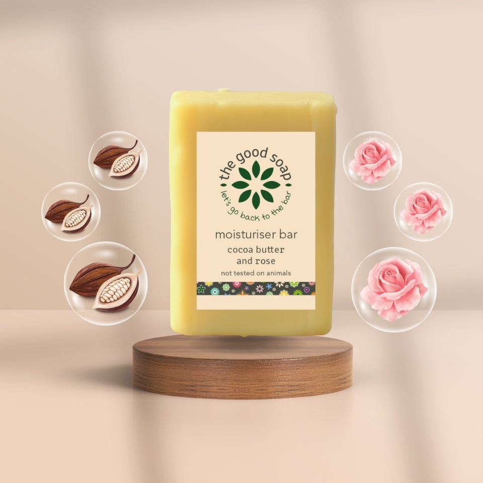 Plastic-free solid lotion bar with nourishing cocoa butter and rose oil