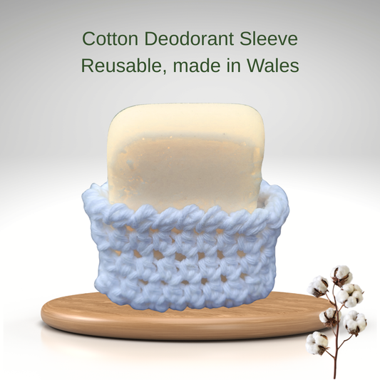 Reusable cotton deodorant sleeve on a white background with text 'Cotton Deodorant Sleeve Reusable, made in Wales'.
