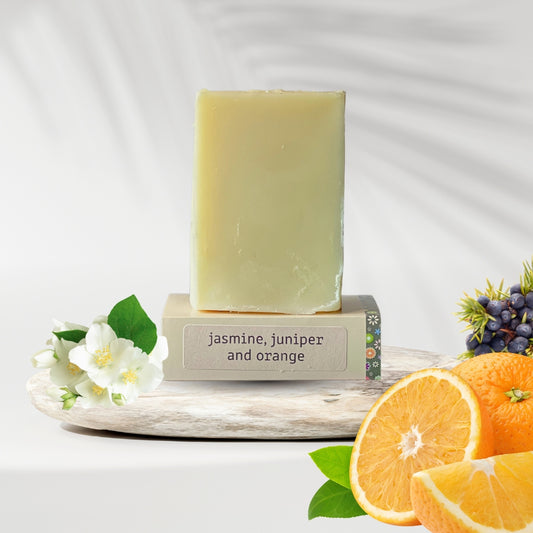 Jasmine, juniper and orange soap and shampoo bar for uplifting skin and scalp care