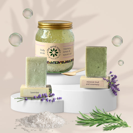 Natural skincare trio – exfoliating scrub, soap bar and shampoo bar with rosemary and lavender