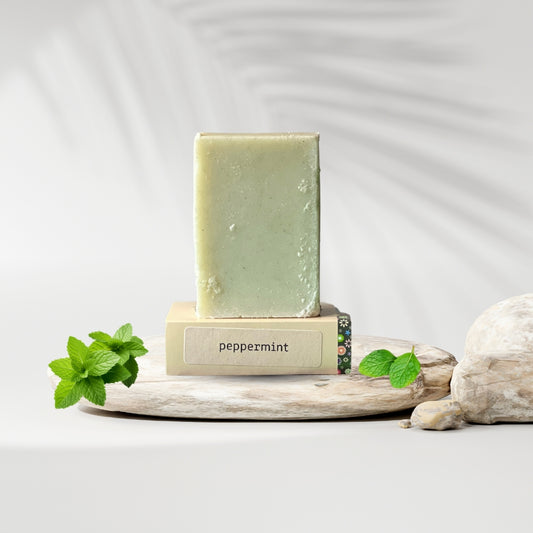Exfoliating soap bar with peppermint essential oil and pumice powder