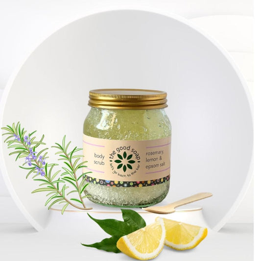 Epsom salt body scrub with rosemary and lemon in glass jar by The Good Soap