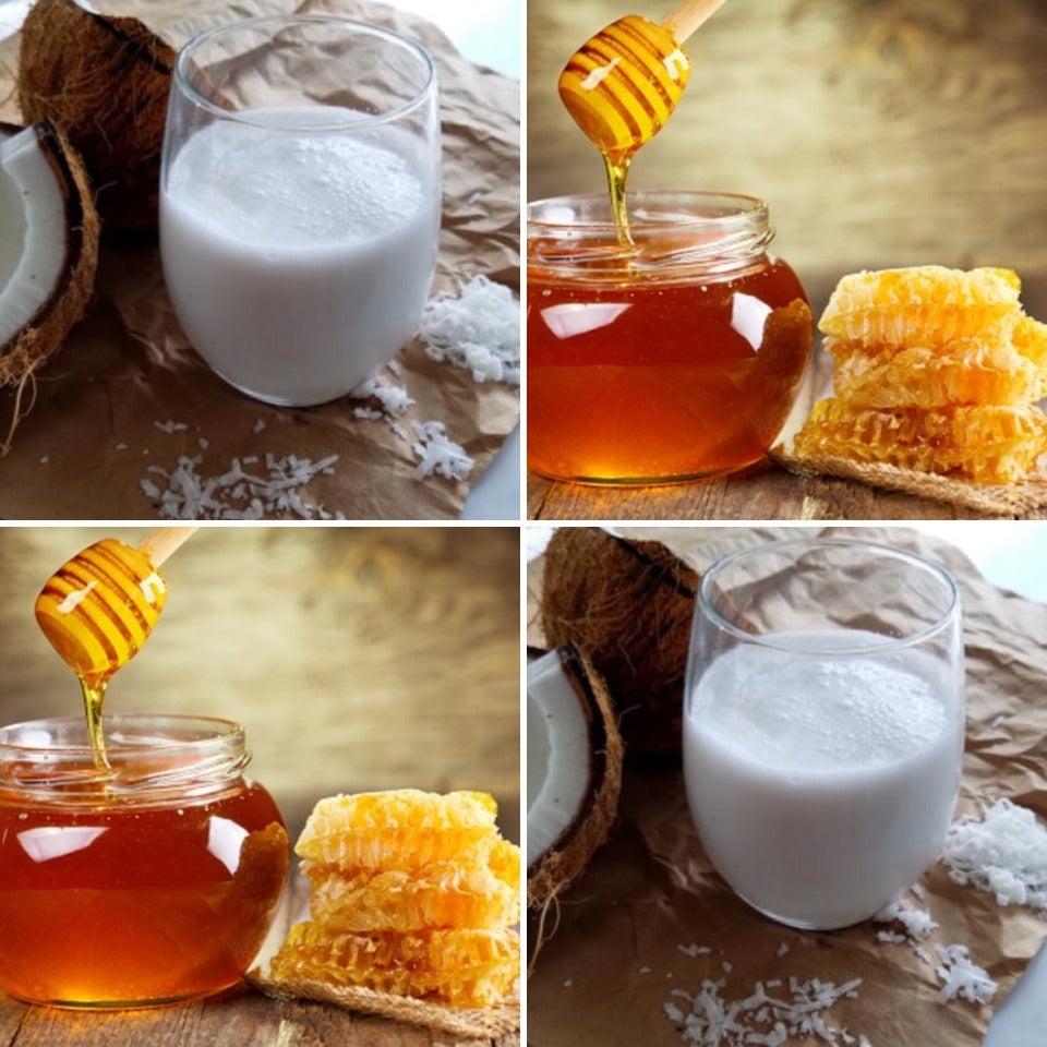 A glass of coconut milk and a jar of honey, ingredients for coconut milk and honey soap and shampoo bar