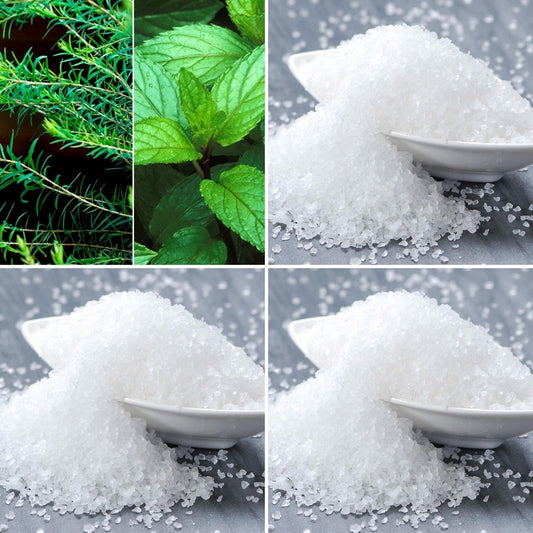 Peppermint sprinds and leaves and ceramic bowls of salt, ingredients in tea tree and peppermint salt soap
