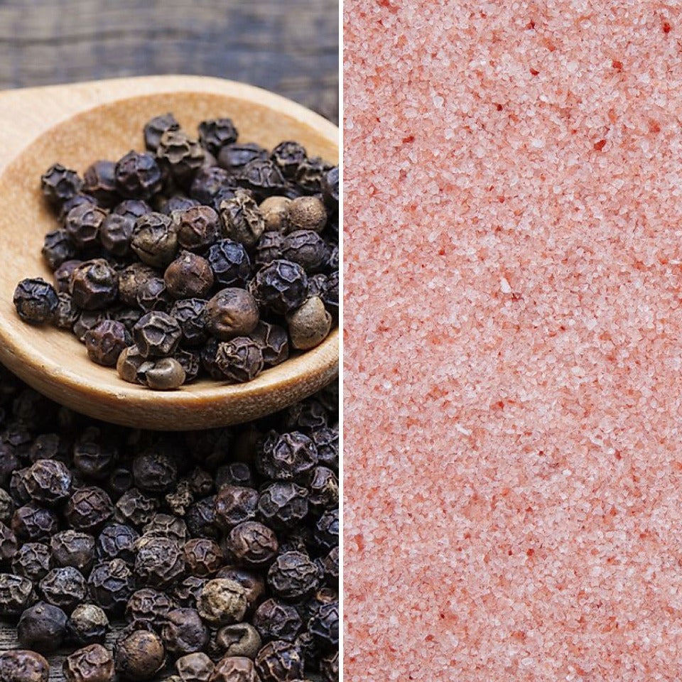 Black peppercorns and pink himalayan salt, ingredients in The Good Soap body scrub