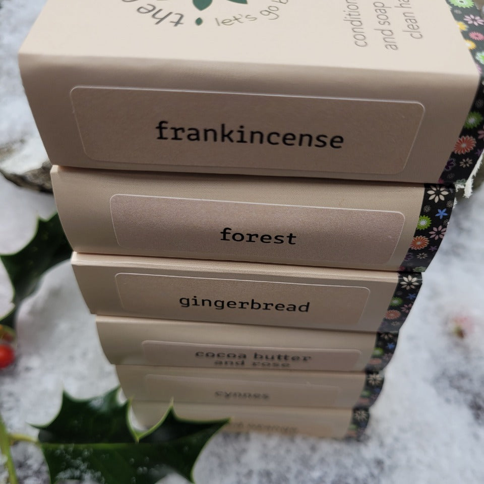 Stack of Christmas scented soap & shampoo Bars from The Good Soap