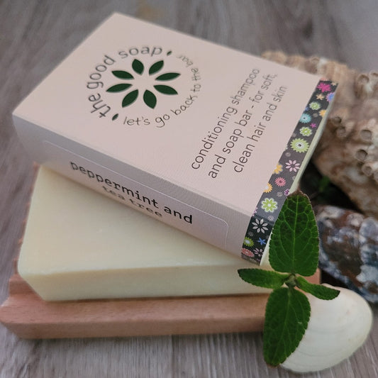 A Peppermint and Tea Tree Soap & Shampoo Bar on a wooden soap dish, with a sprig of mint