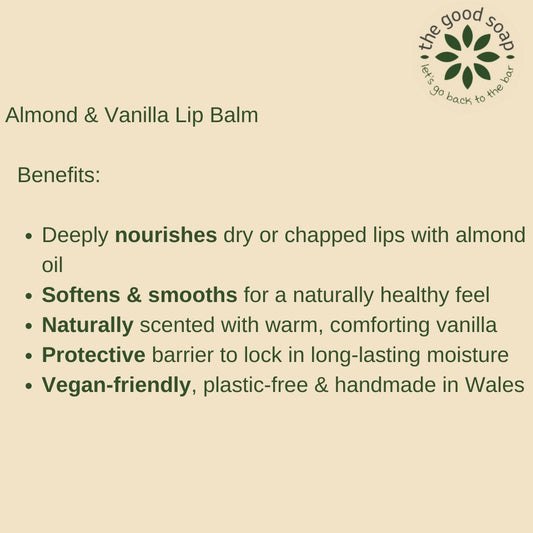 Lip balm product description with benefits on a beige background, featuring 'the good soap' brand.