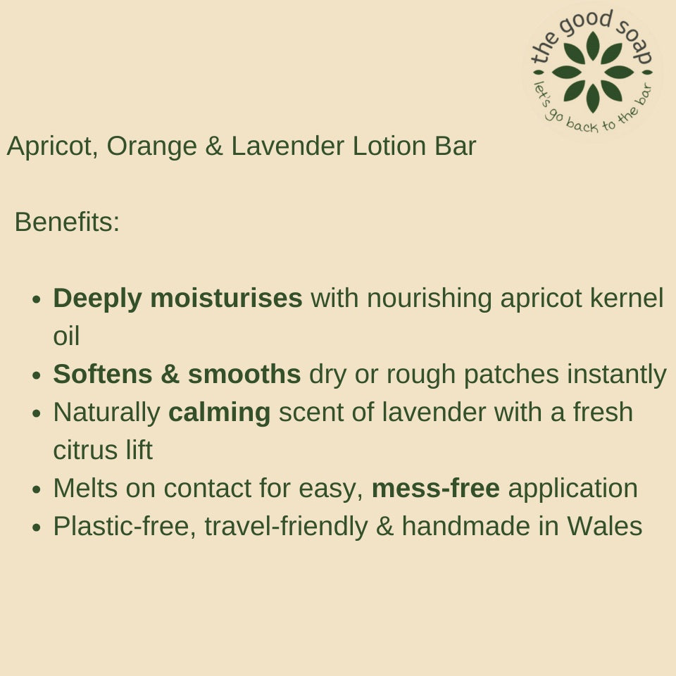Product description card for Apricot, Orange & Lavender Lotion Bar with 'The Good Soap' branding.