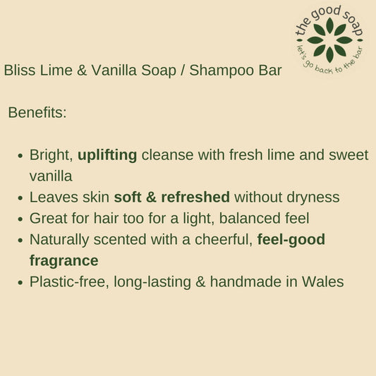Product description card for Bliss Lime & Vanilla Soap/Shampoo Bar with 'The Good Soap' branding.