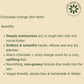 Product description card for Chocolate Orange Skin Balm with benefits listed on a beige background.