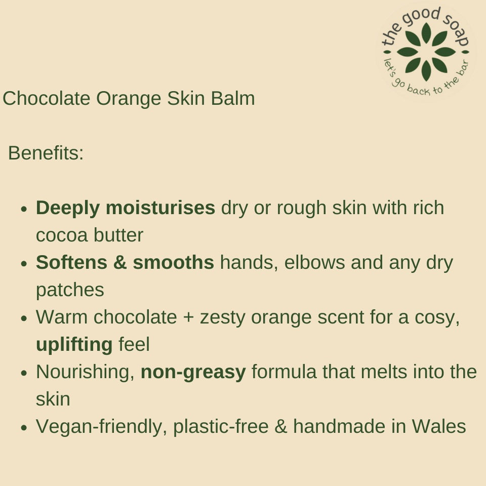 Product description card for Chocolate Orange Skin Balm with benefits listed on a beige background.