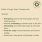 Product description card for Coffee & Ginger Soap/Shampoo Bar with benefits listed on a beige background.