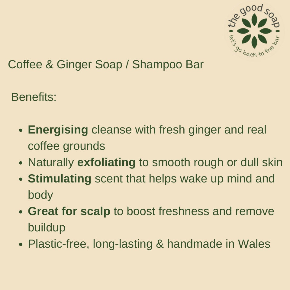 Product description card for Coffee & Ginger Soap/Shampoo Bar with benefits listed on a beige background.