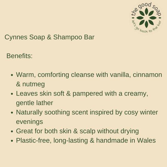 Product description of Cynnes Soap & Shampoo Bar with benefits listed on a beige background.