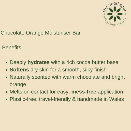 Chocolate Orange Moisturiser Bar description with 'The Good Soap' logo.