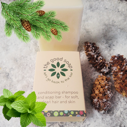 Forest Soap Bar on a snowy background, by The Good Soap. Scenet is Peppermint, Pine and Cedarwood