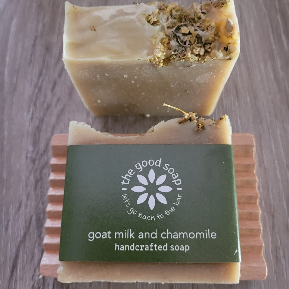Goat Milk and Chamomile Soap on Soap Dish
