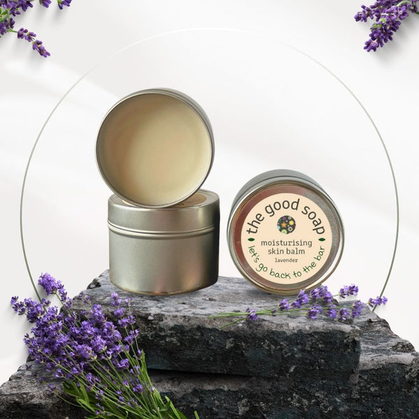 The Good Soap natural lavender shea butter balm tin for dry skin and sleep support. Handmade in North Wales