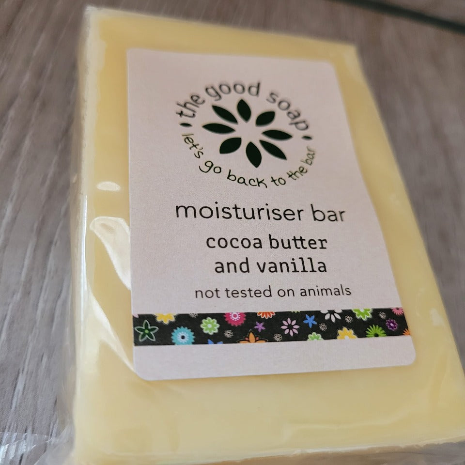 A Good Soap Cocoa Butter and Vanilla Moisturiser Bar in it's compostable packaging