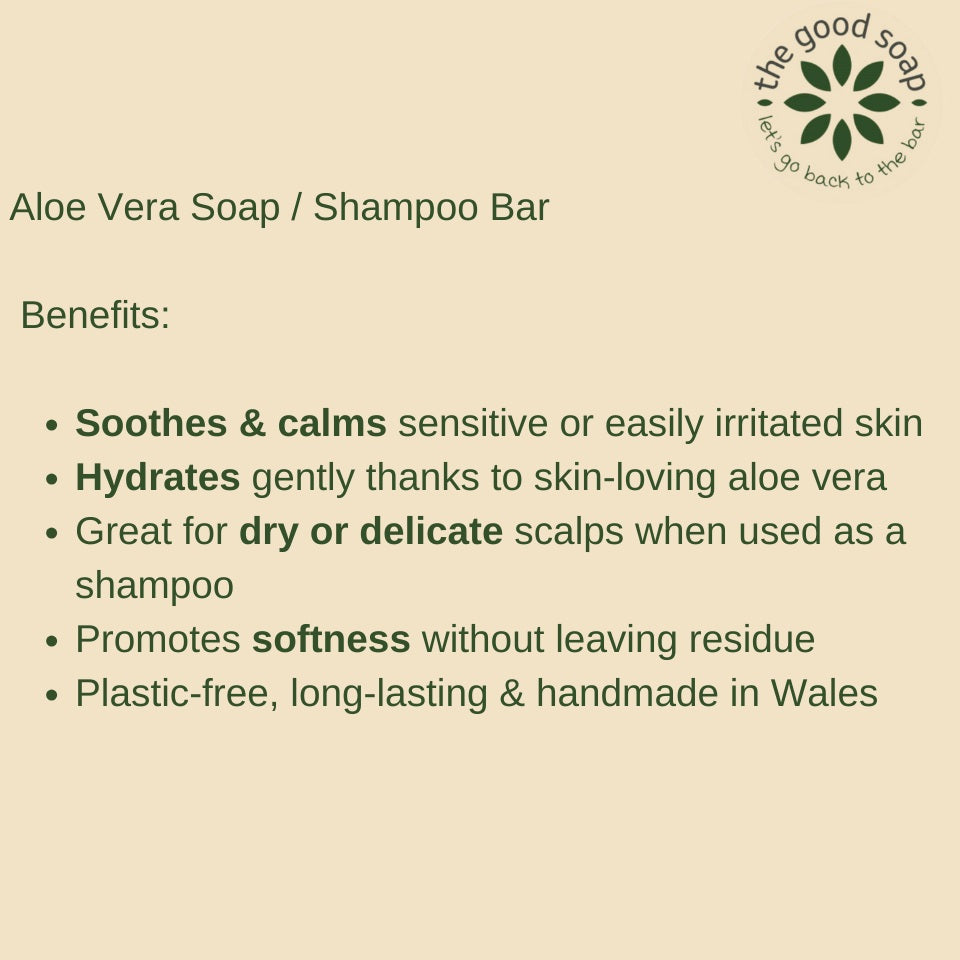 Aloe Vera Soap/Shampoo Bar benefits listed with 'The Good Soap' logo.