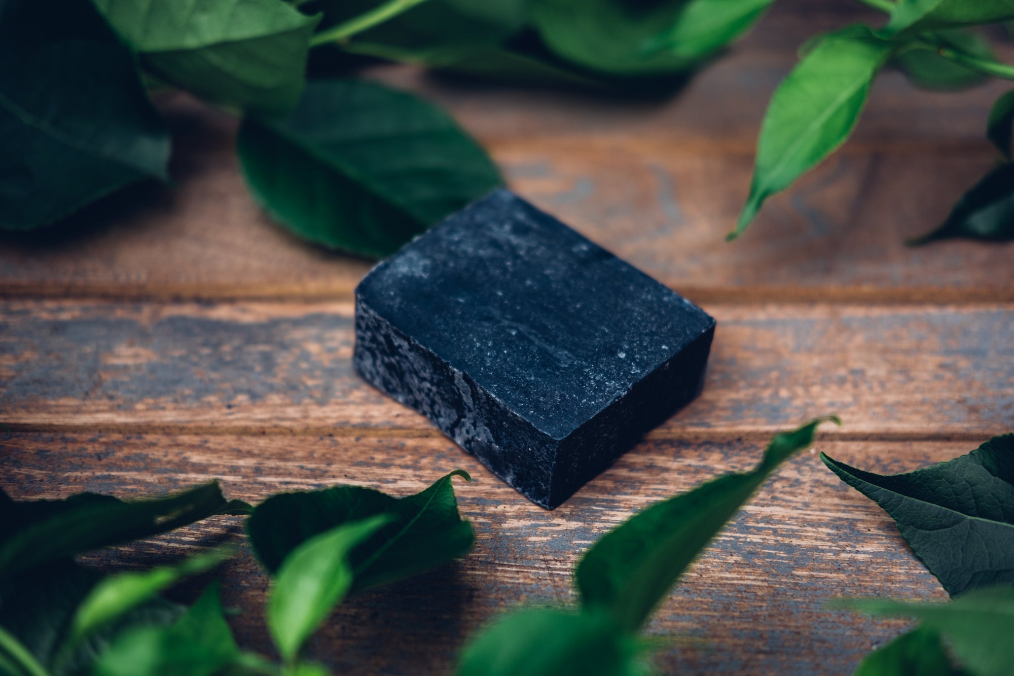Activated Charcoal Soap / Shampoo Bar on wood, in a garden