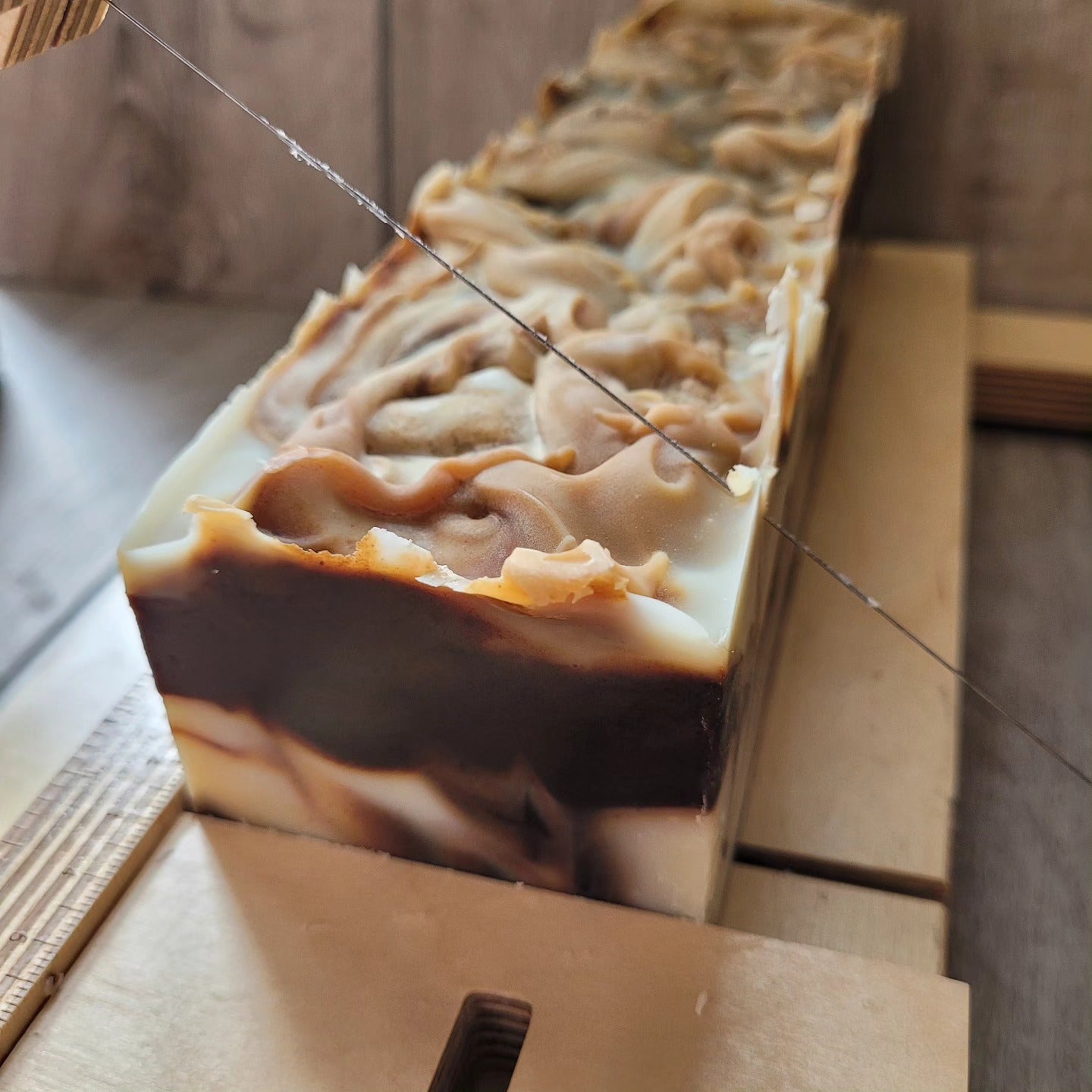 Cutting blocks of Good Soap chocolate swirl soaps