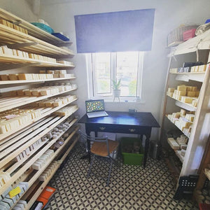 The Good Soap curing room, soaps are cured for 4 weeks on the shelves here in this room