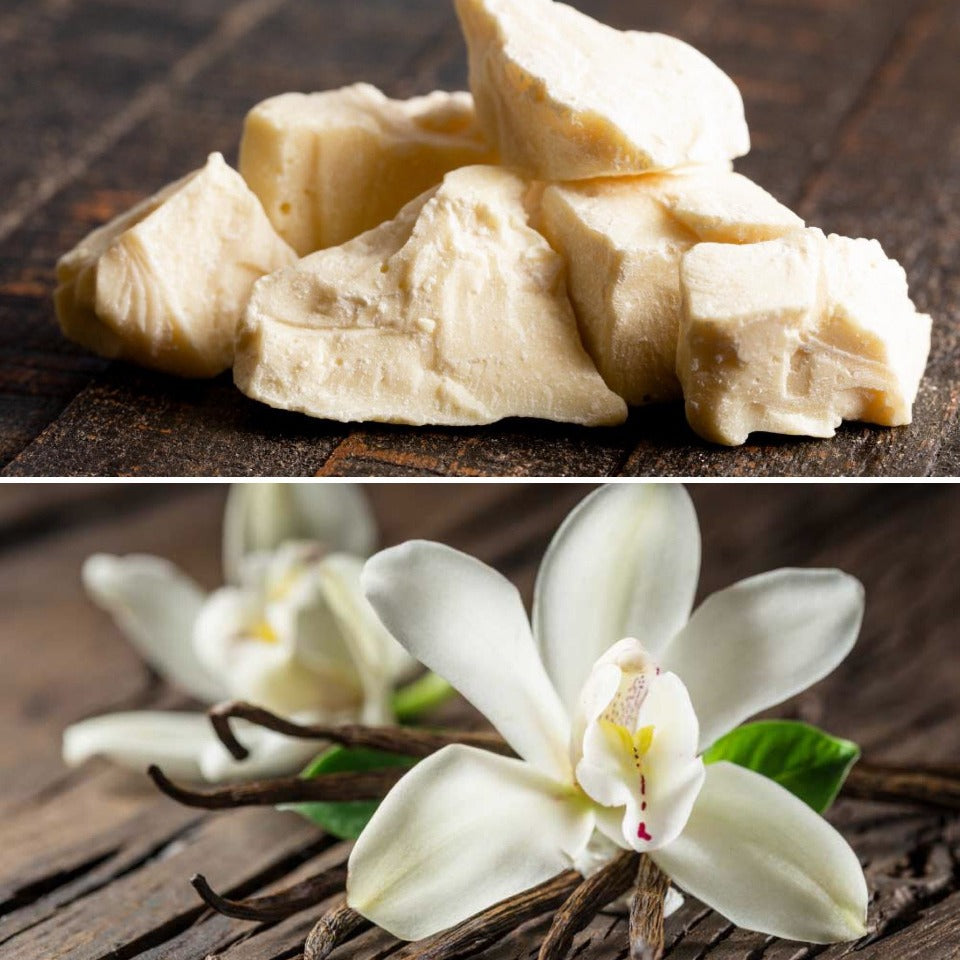 A pile of cocoa butter and some vanilla flower, ingredients in The Good Soap vanilla solid moisturiser bar