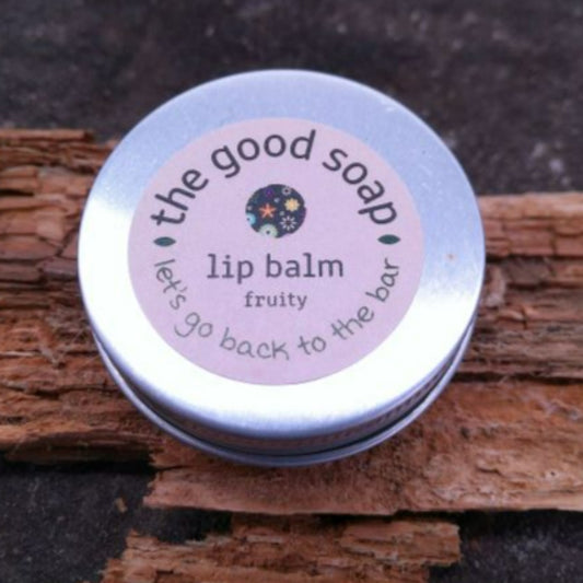 Natural and fruity lip balm in a screwtop metal tin, pocket and handbag size