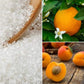 Sugar with a wooden spoon, an orange and some halved apricots. Ingredients in our sugar scrub