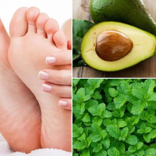 A picture of feet being rubbed with Avocado and Mint 