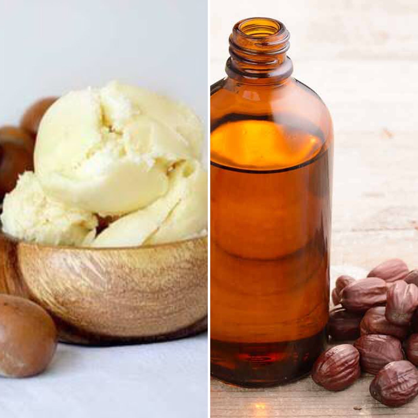 Shea butter in a wooden bowl and jojoba oil in a glass bottle, ingredients in The Good Soap shea and jojoba soap bar