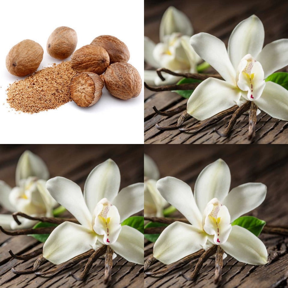 Nutmeg and vanilla flowers, ingredients in The Good Soap Warm Vanilla Tinned Skin Balm