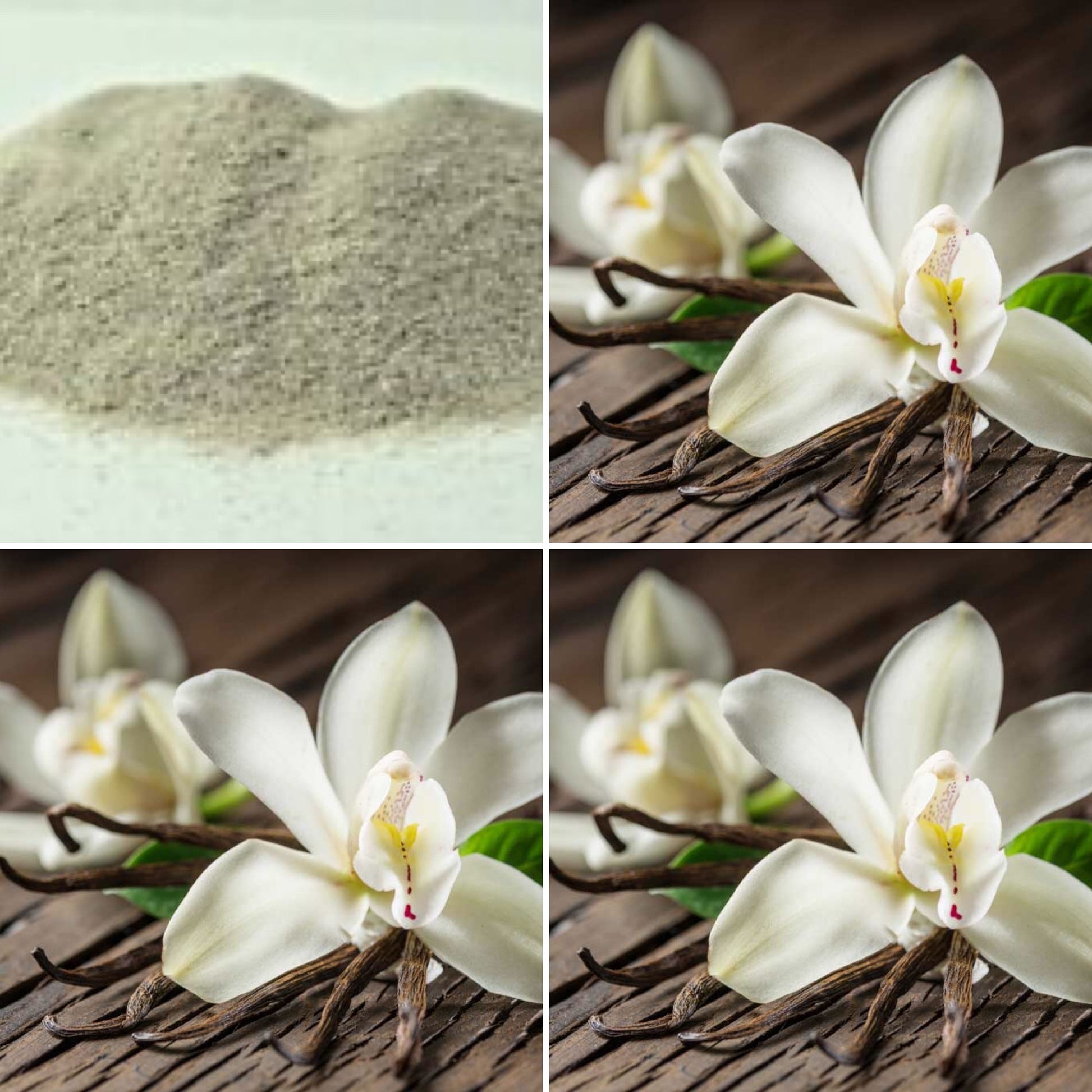 A pile of ground pumice and vanilla flowers, these ingredients are used in The Good Soap Vanilla Pumice Soap