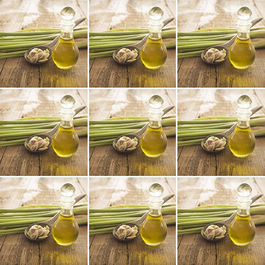 Bottles of lemongrass essential oil with fresh lemongrass, used as ingredients in The Good Soap natural deodorant bar